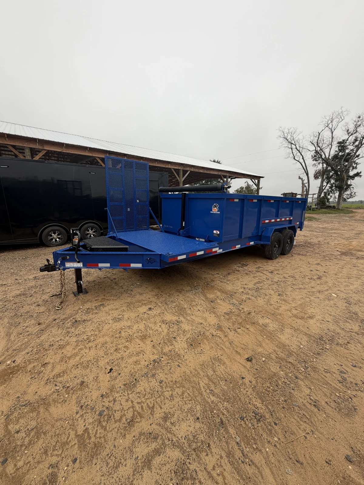 Opposite front-corner view of the Royal Blue dump trailer showing the dump box, rolled tarp, front deck, ramp, and tandem wheels